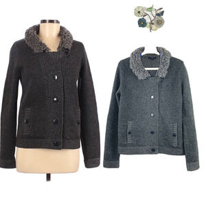 GAP 100% Wool Faux Shearling Collar Button Front Cardigan Gray Size Medium